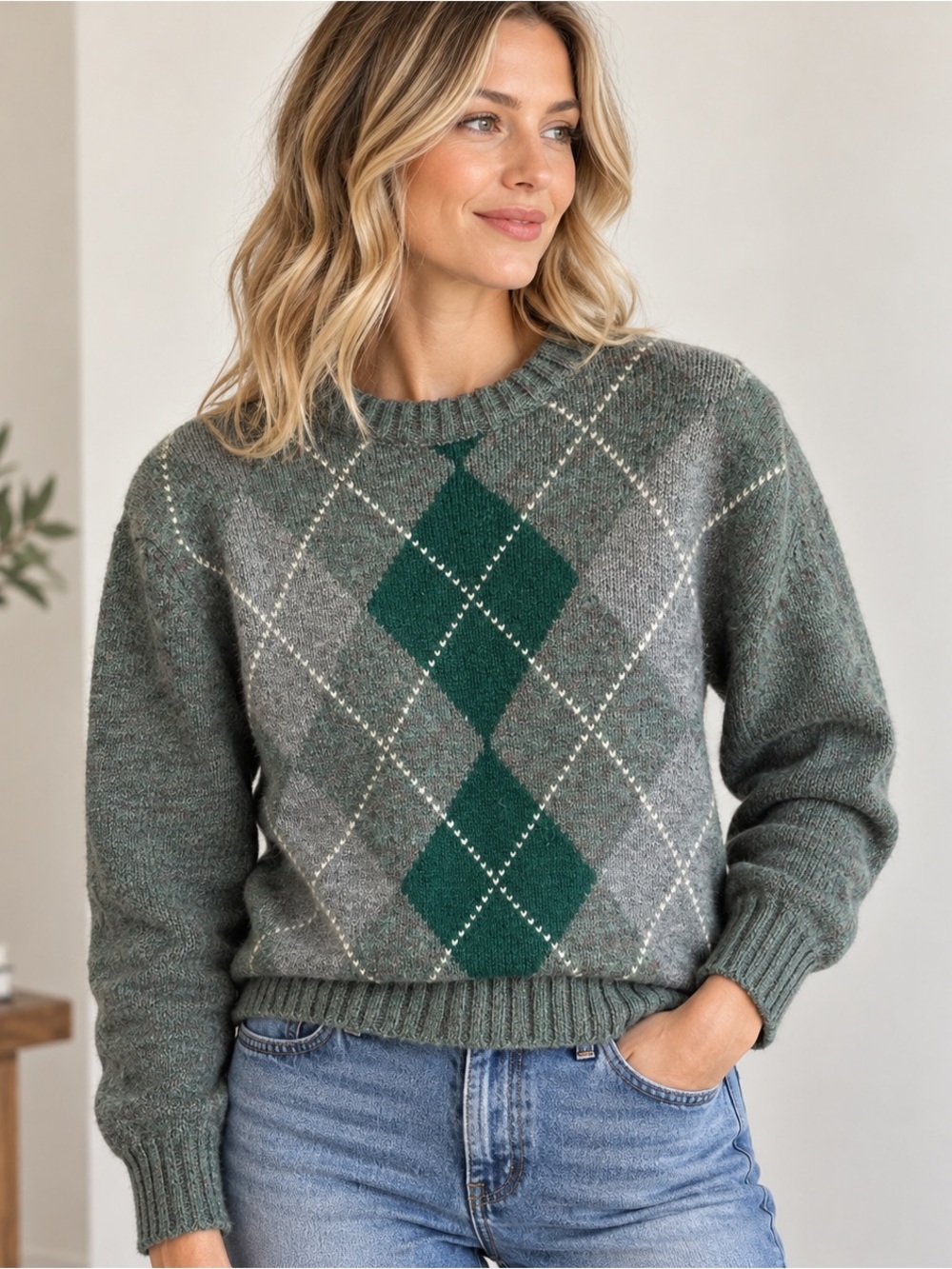 Vintage McGregor Argyle Wool Sweater Large Gray Green Preppy Grandpa 70s 80s